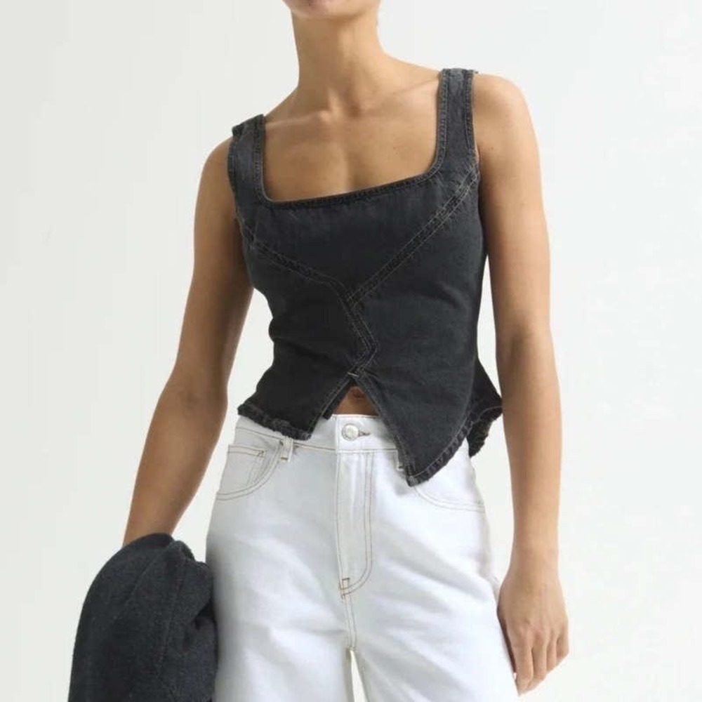 DALA Broken Corset Denim Top Hurricane Denim Black Goth Festival Moto Sz 26